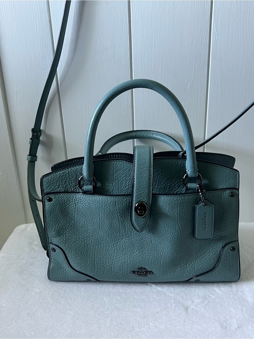 Coach 24 Mercer Pebbled Leather Satchel in Blue